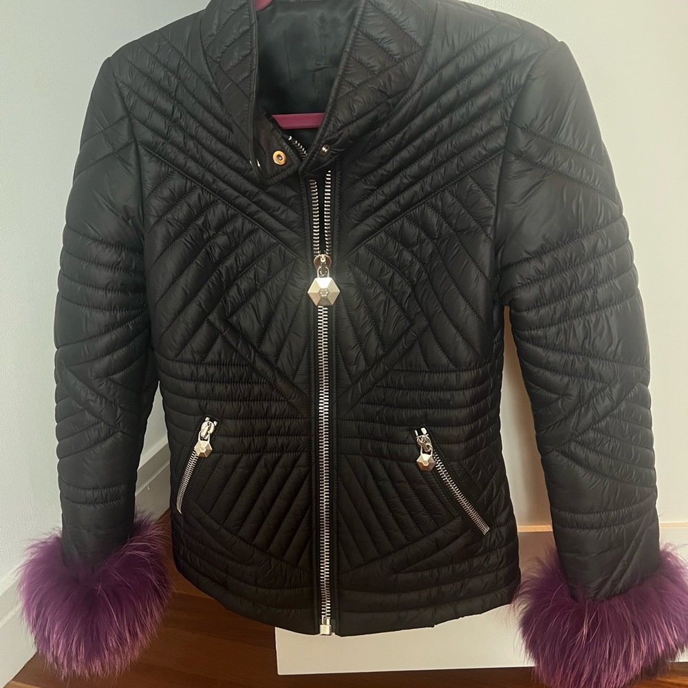 Philipp Plein Women's Black Quilted Jacket with Purple Fur Trim